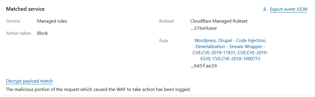 Example of a firewall event with available payload match data (still encrypted)